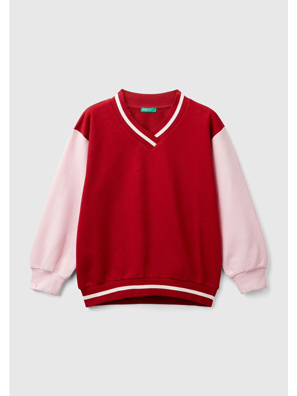 United Colors Of Benetton Kız Çocuk Kırmızı Kontrast Renk Detaylı Manşeti Ribanalı V Yaka Sweatshirt