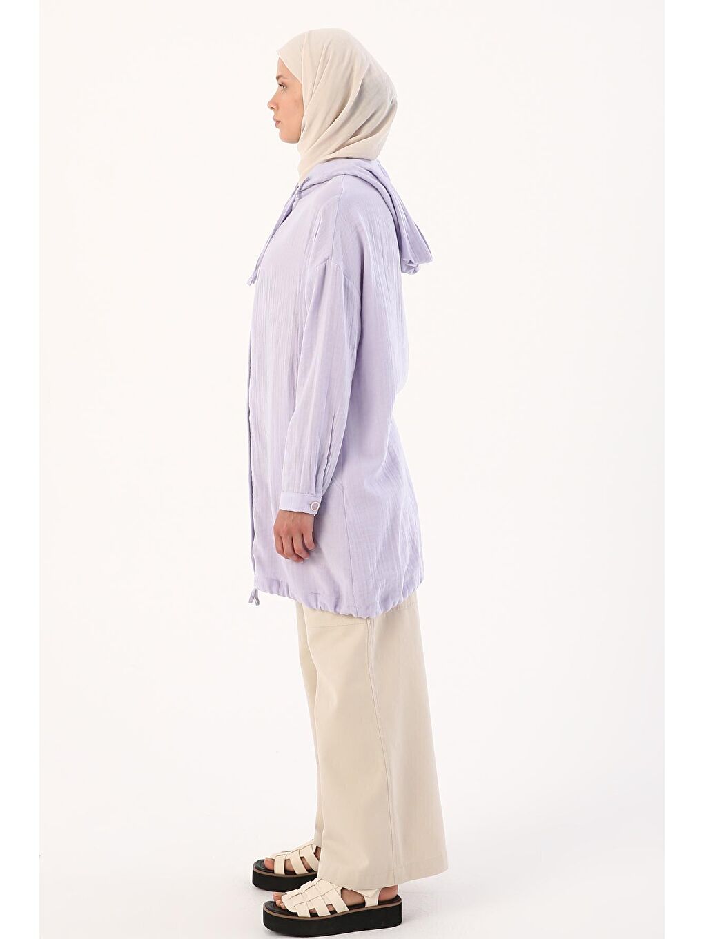 Lila %100 Pamuk Kapüşonlu Önü Düğmeli Rahat Kalıp Kap-2