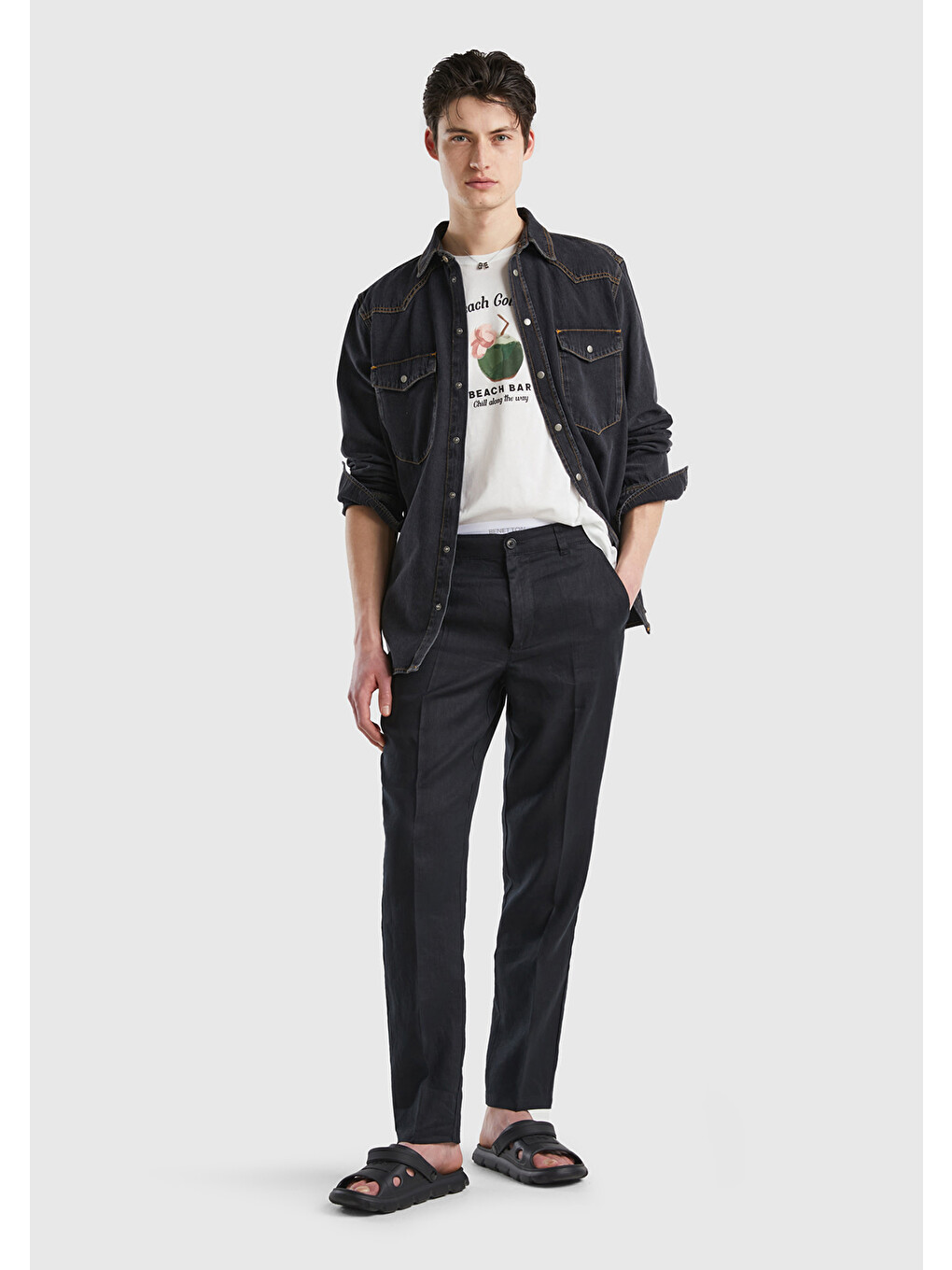 Siyah %100 Keten Erkek Pantolon-4