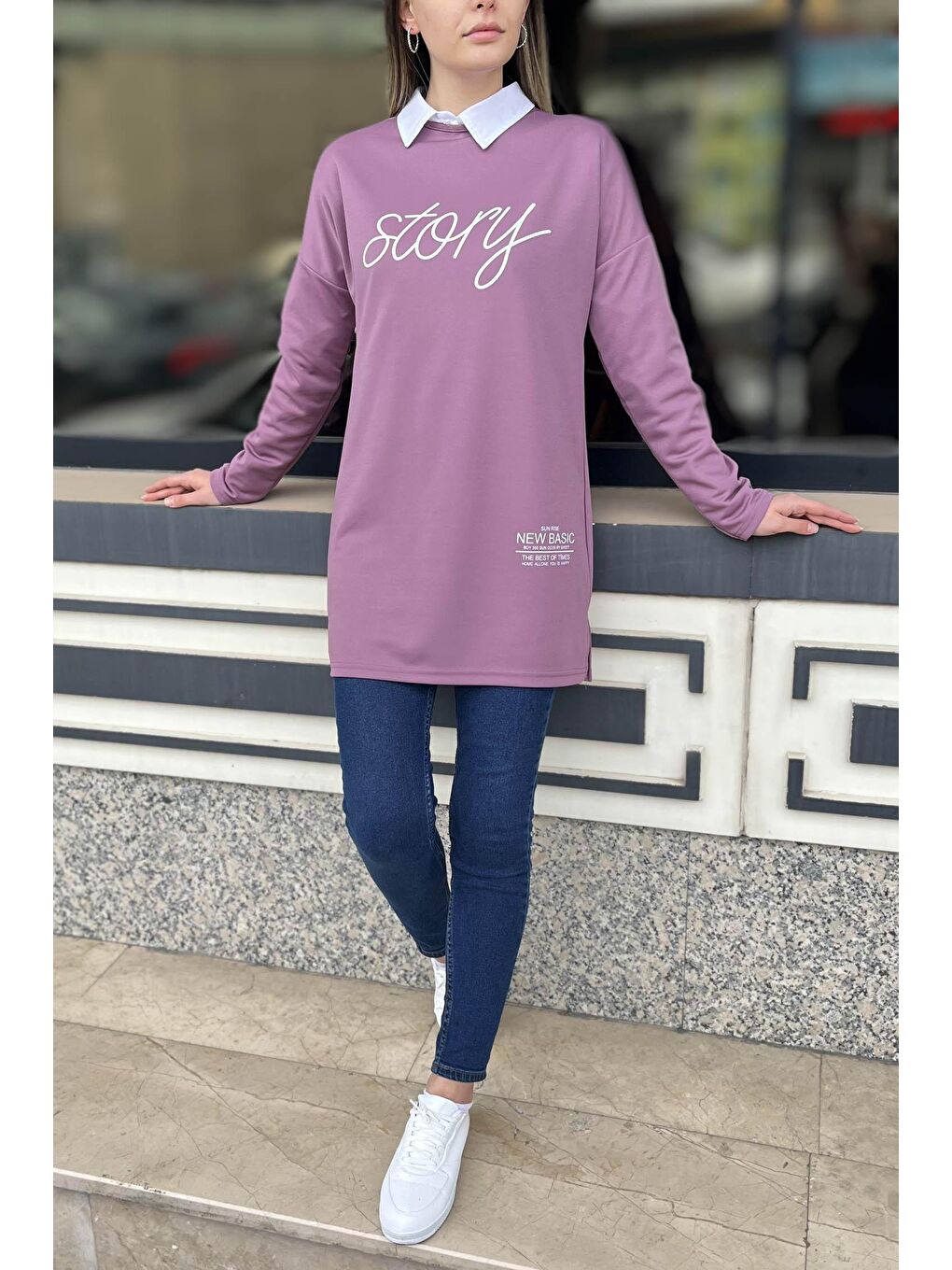 Bisiklet Yaka Kadın Lila Tunik - 11414-1