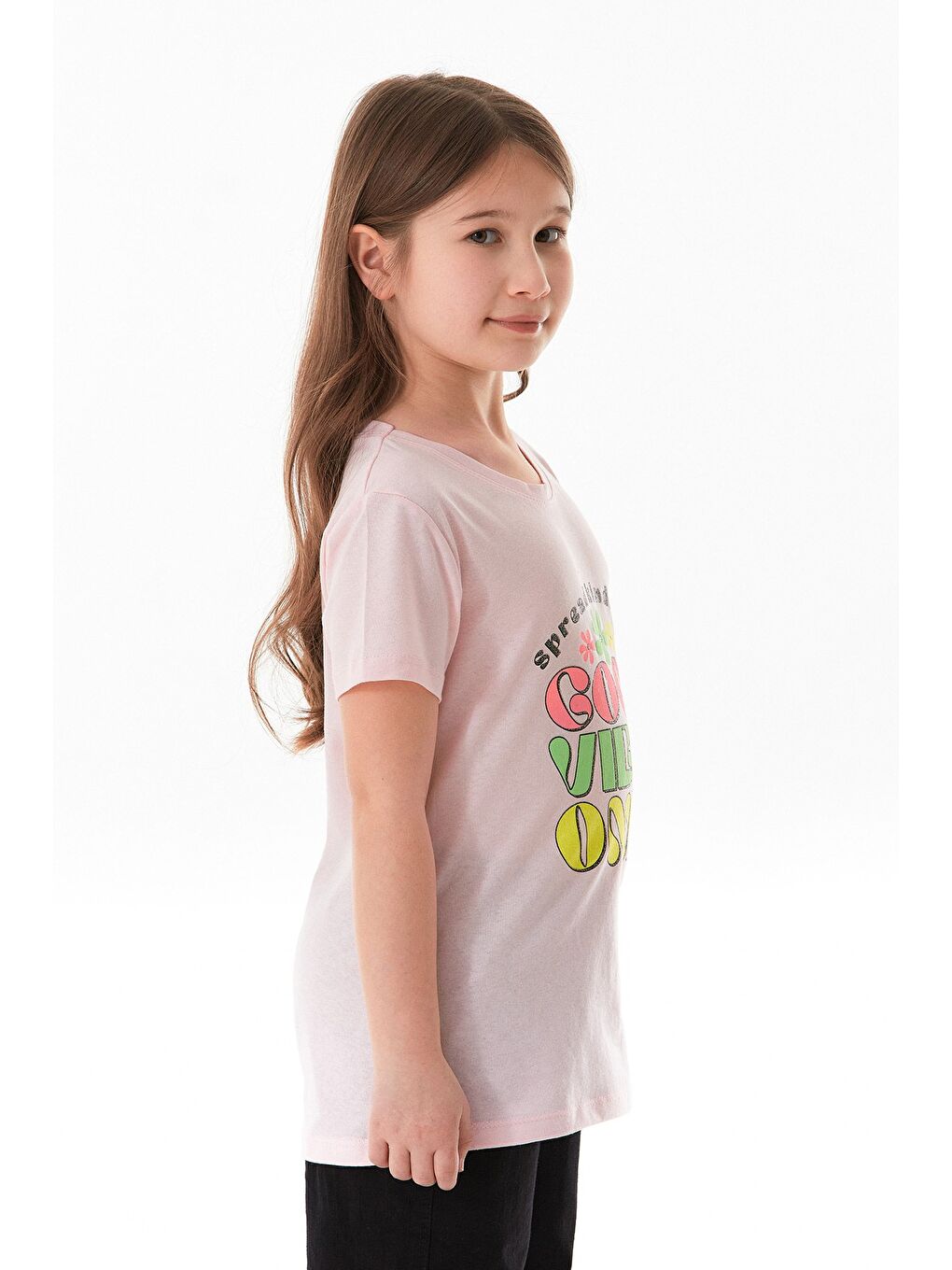 Pembe %100 Pamuk Yazı Ve Çiçek Baskılı Kız Çocuk Tişört-1