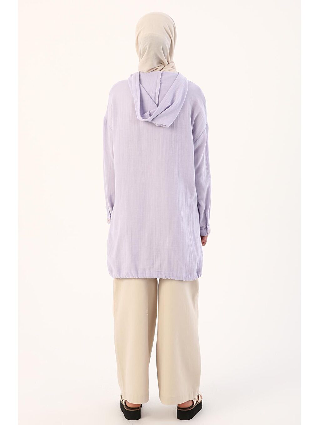 Lila %100 Pamuk Kapüşonlu Önü Düğmeli Rahat Kalıp Kap-3