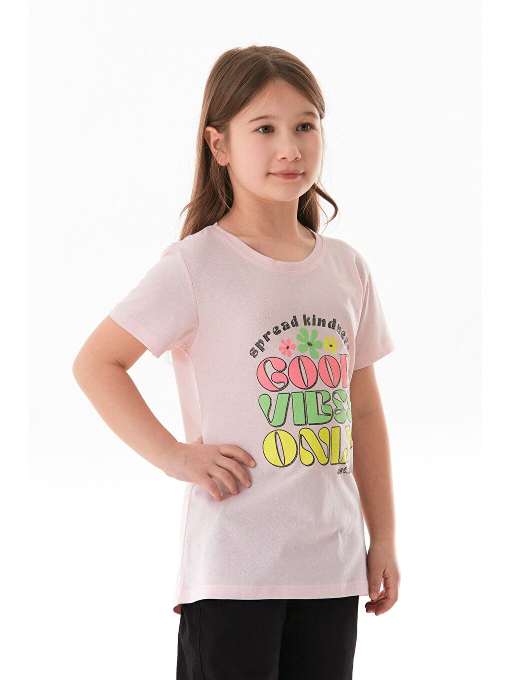 Pembe %100 Pamuk Yazı Ve Çiçek Baskılı Kız Çocuk Tişört-2
