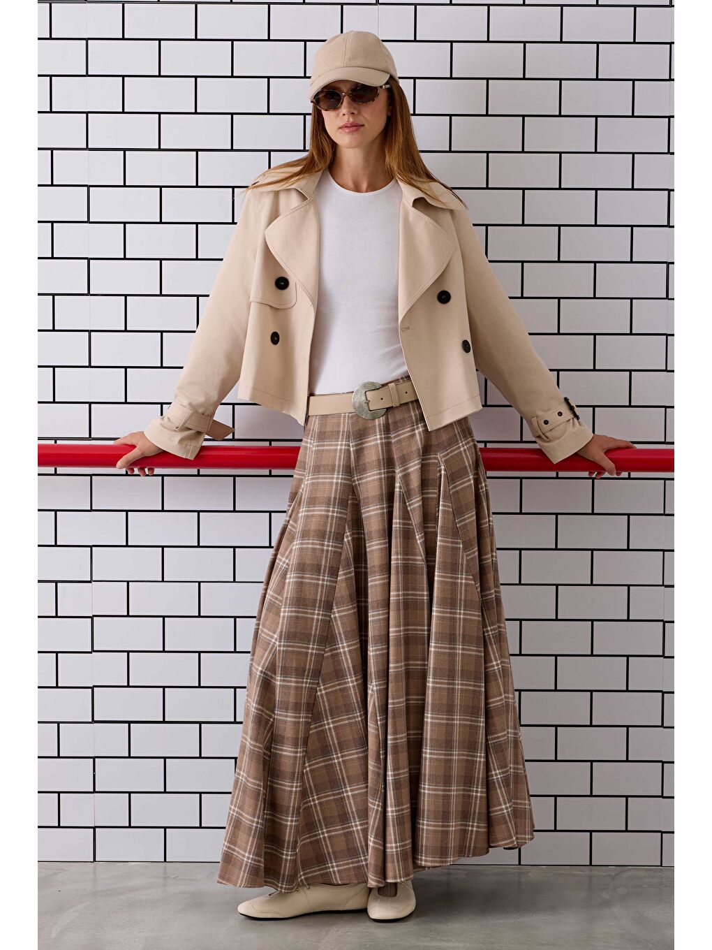 Volanlı Ekose Etek Bej-1