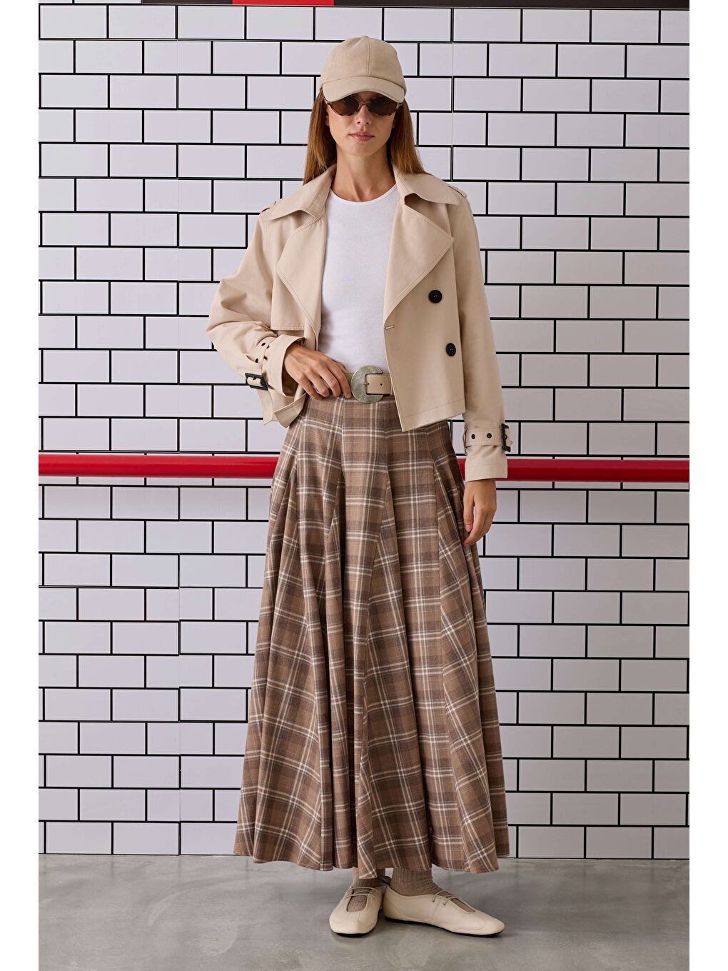 Volanlı Ekose Etek Bej-3