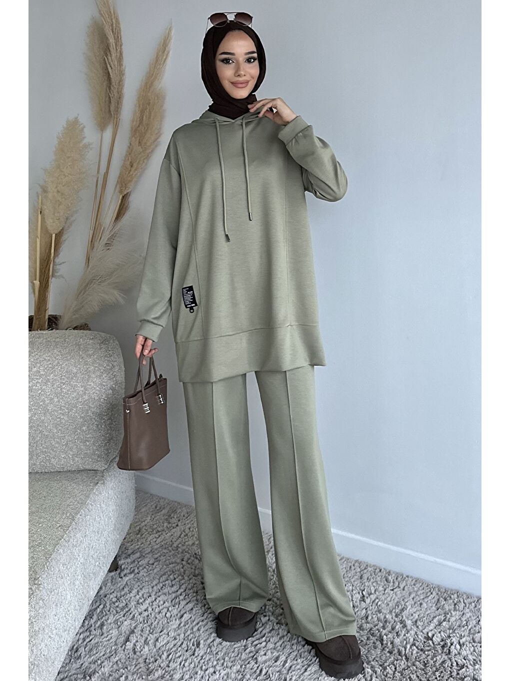 Haki Kapüşonlu Tunik Pantolon Tesettür İkili Takım-1