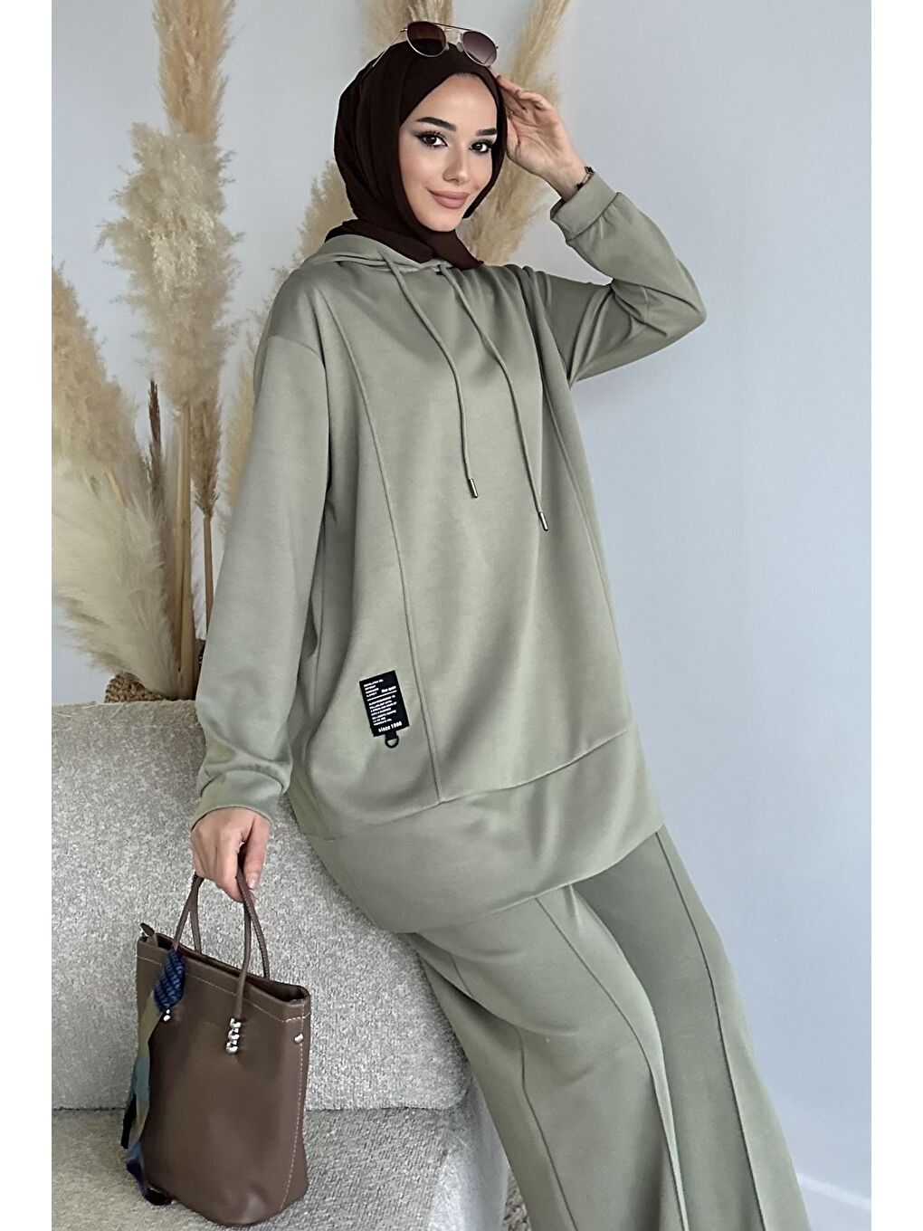 Haki Kapüşonlu Tunik Pantolon Tesettür İkili Takım-3