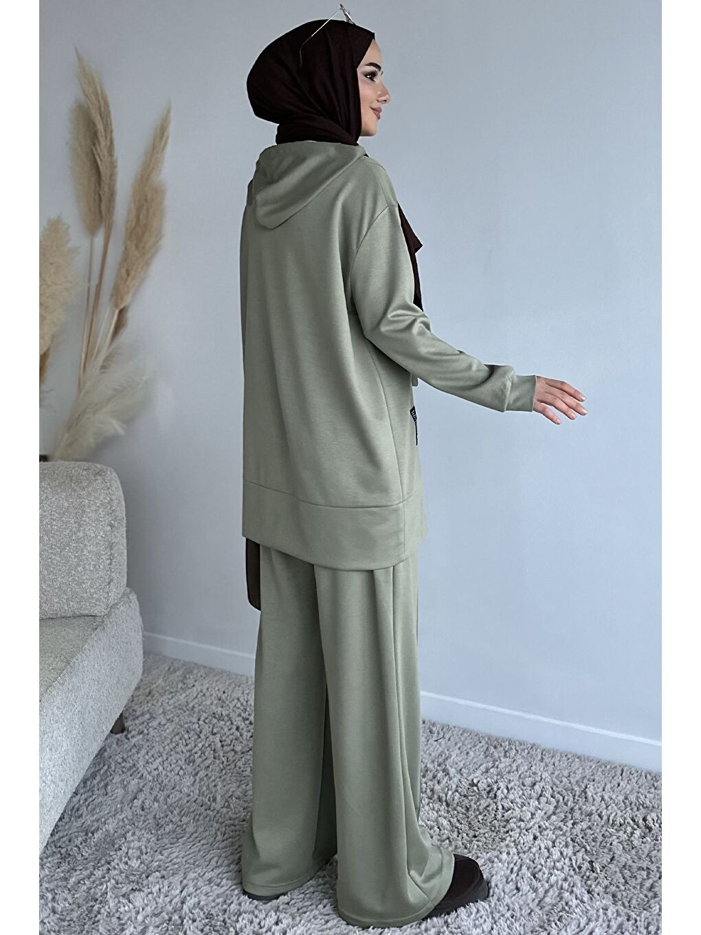 Haki Kapüşonlu Tunik Pantolon Tesettür İkili Takım-5