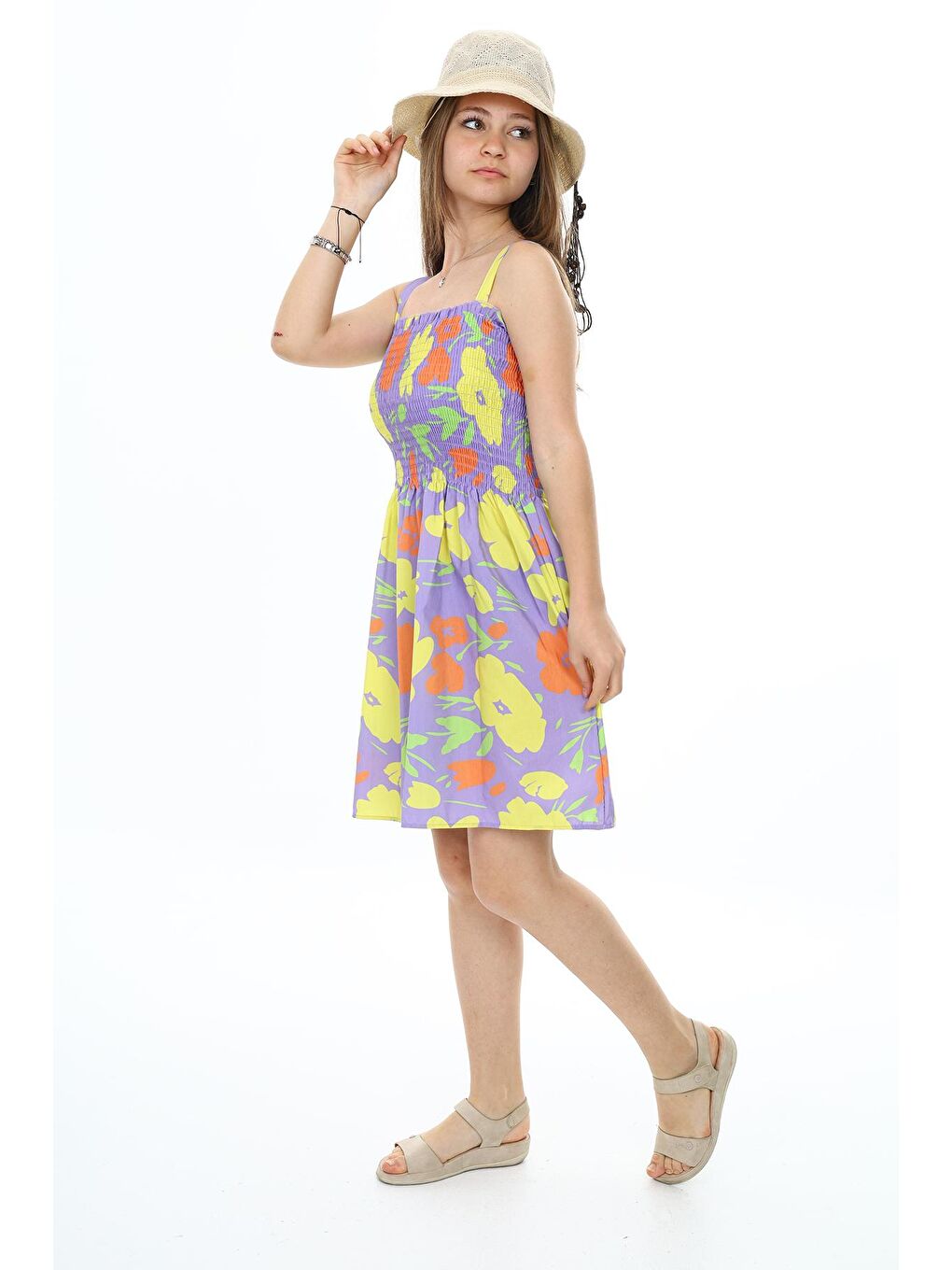Lila Kız Çocuk Yaz Renkleri Desenli Askılı Elbise 6-13 Yaş 9291-3