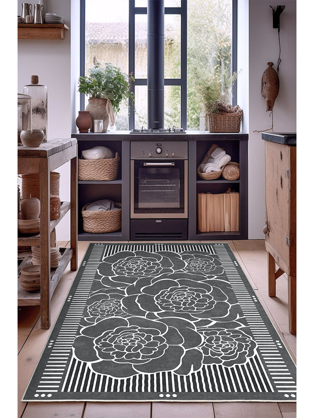 Gri Dekoratif Salon Halısı, Makinada Yıkanabilir, Kaymaz Taban, İnce & Modern Tasarım-4