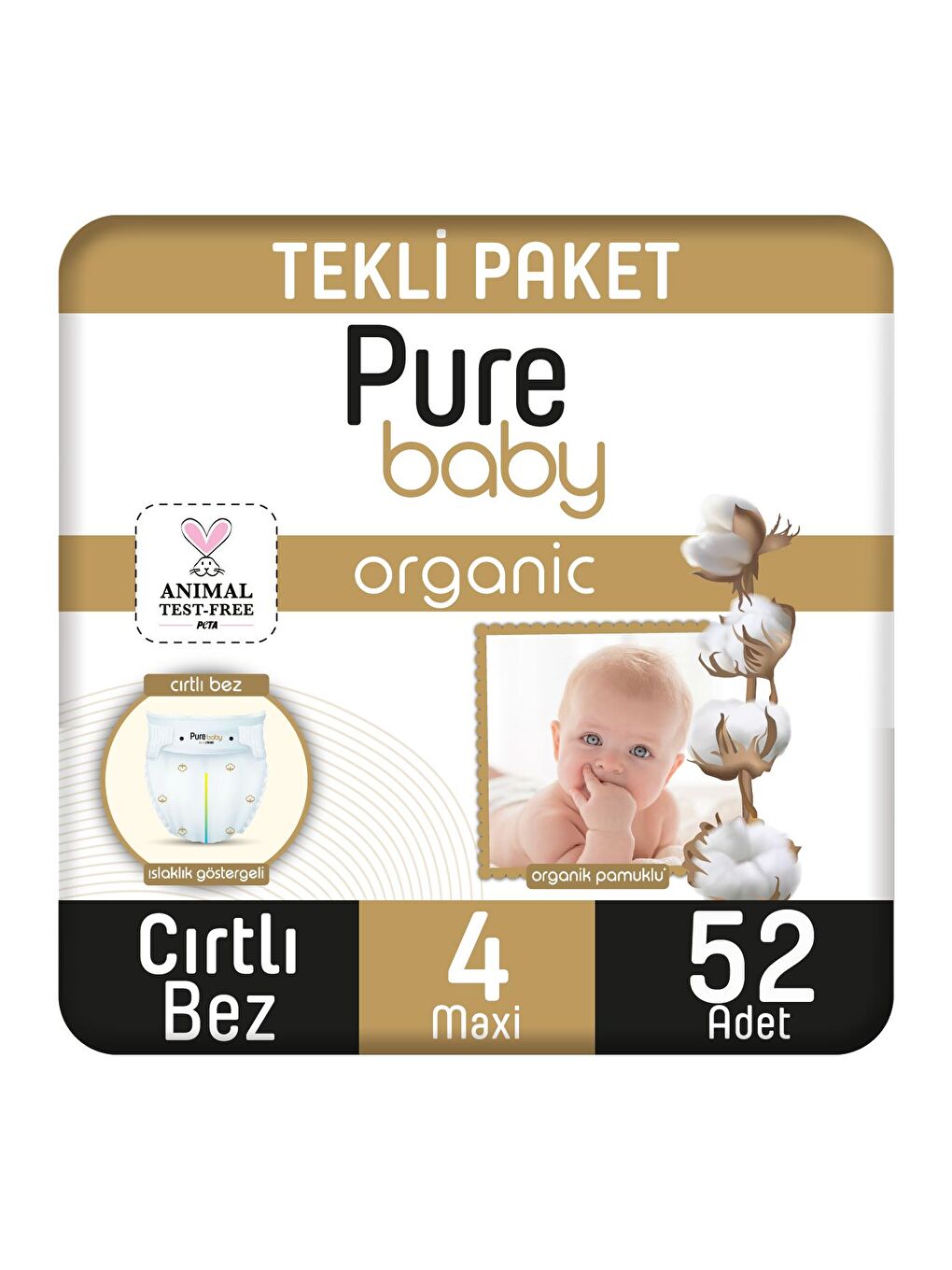 Pure Baby Baby Organik Pamuklu Cırtlı Bez Tekli Paket 4 Numara Maxi 52 Adet