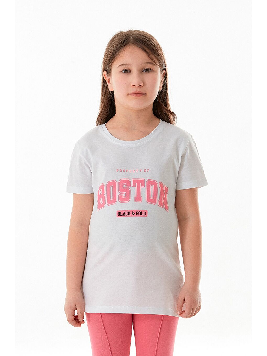 Beyaz %100 Pamuk Boston Yazı Baskılı Kız Çocuk Tişört