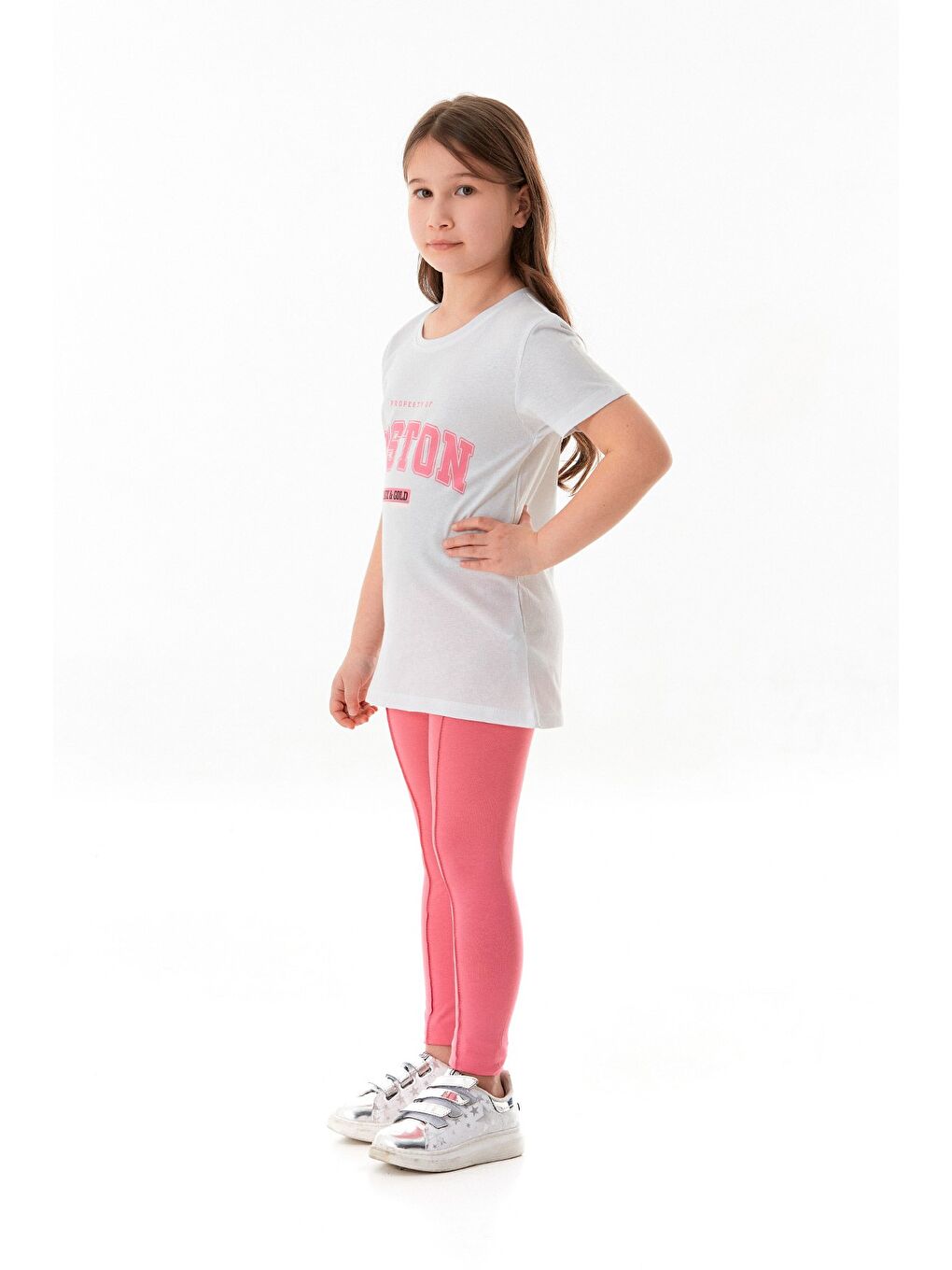 Beyaz %100 Pamuk Boston Yazı Baskılı Kız Çocuk Tişört-1