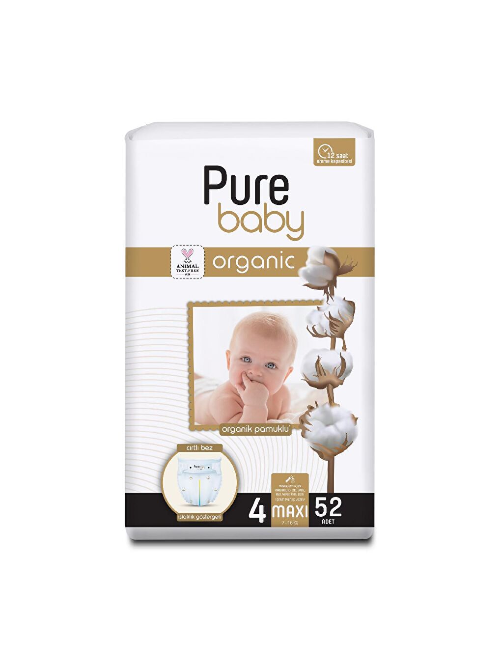 Pure Baby Baby Organik Pamuklu Cırtlı Bez Tekli Paket 4 Numara Maxi 52 Adet - 1