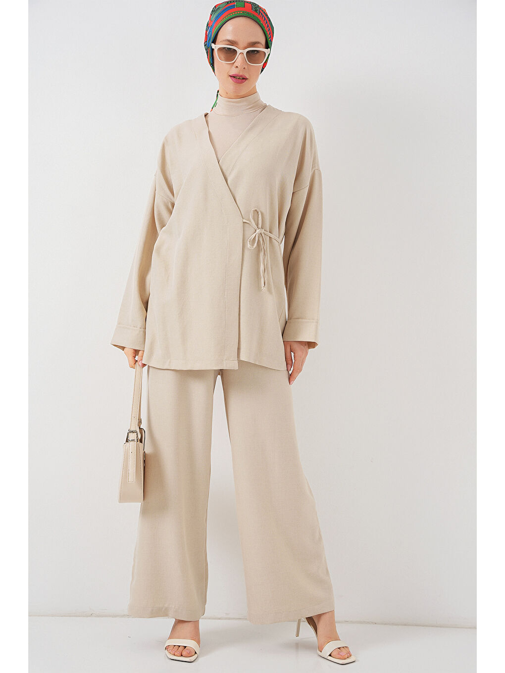 Kadın Kruvaze Yaka Kimono Alt Üst Takım 6743 - Bej