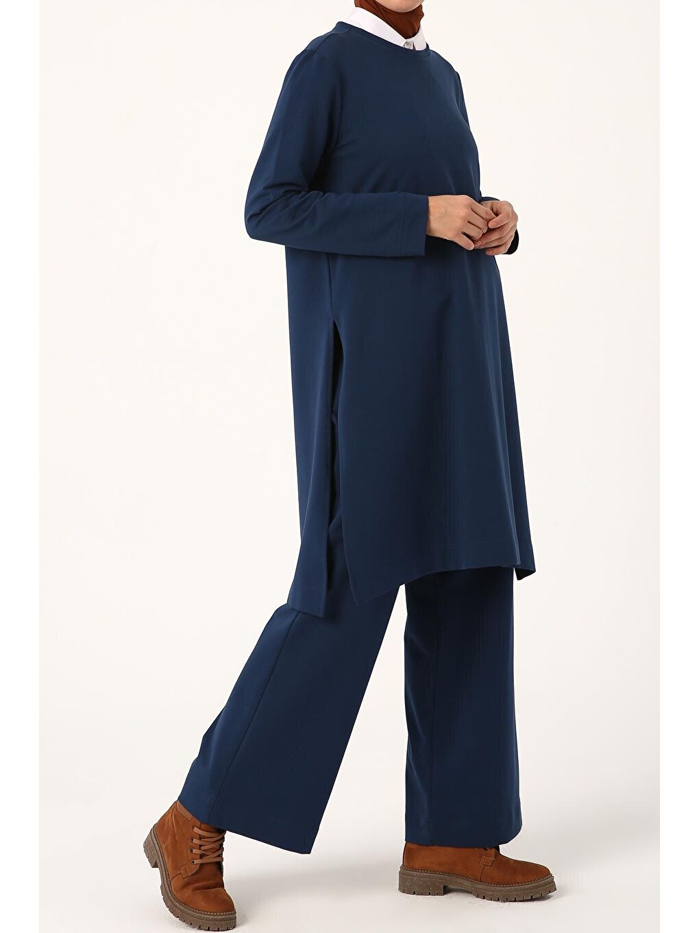 İndigo Yanları Yırtmaçlı Pantolonlu Cepli Takım-3