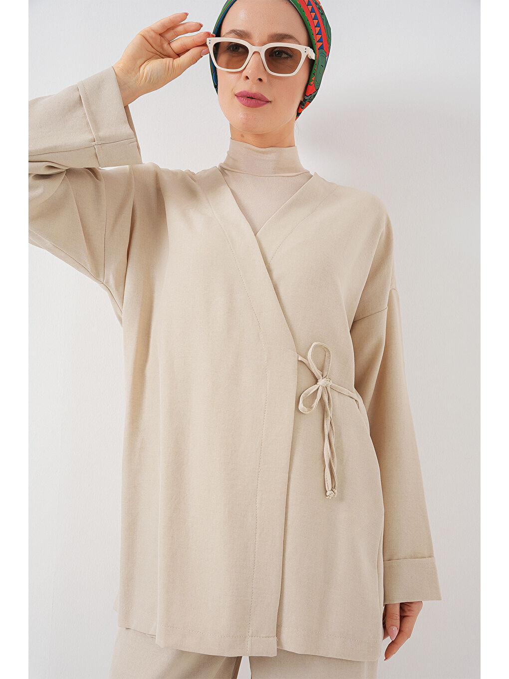 Kadın Kruvaze Yaka Kimono Alt Üst Takım 6743 - Bej-1