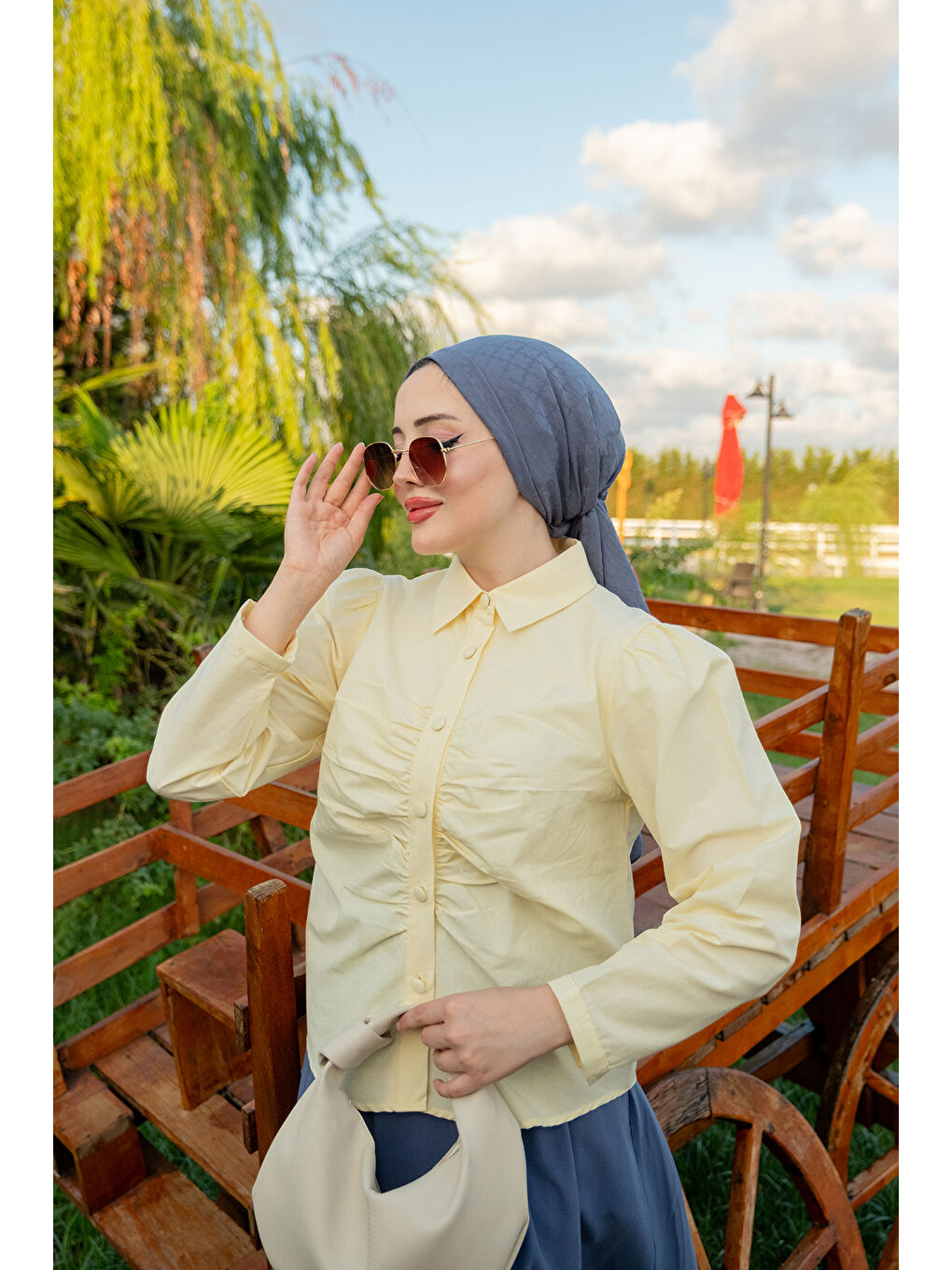 Kadın Büzgü Detay Poplin Gömlek Sarı-2