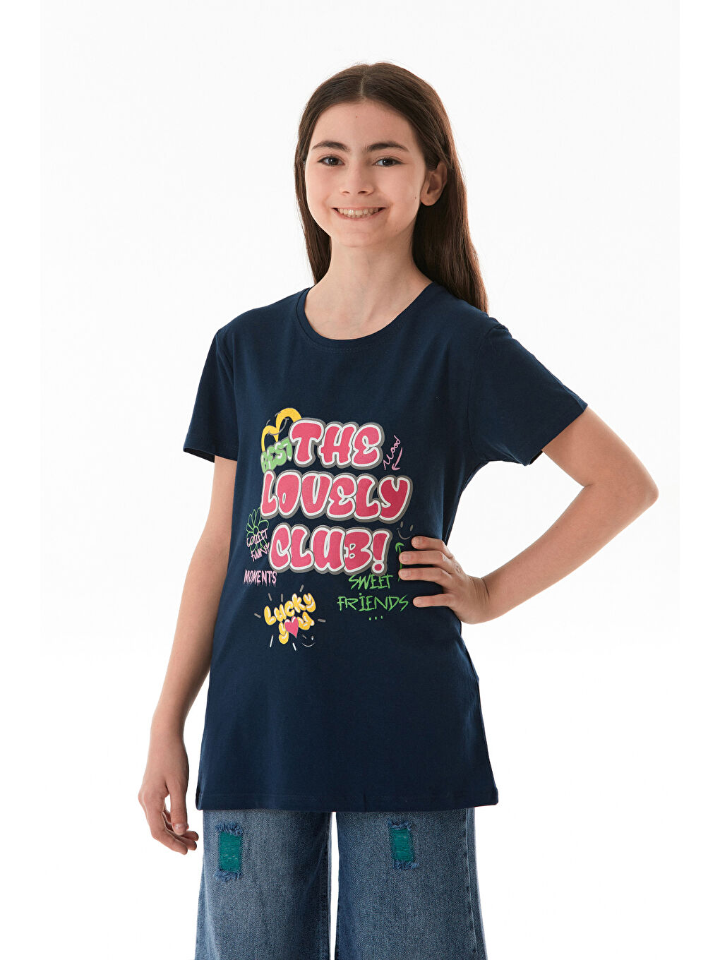 Lacivert %100 Pamuk Yazı Baskılı Bisiklet Yaka Kız Çocuk Tişört
