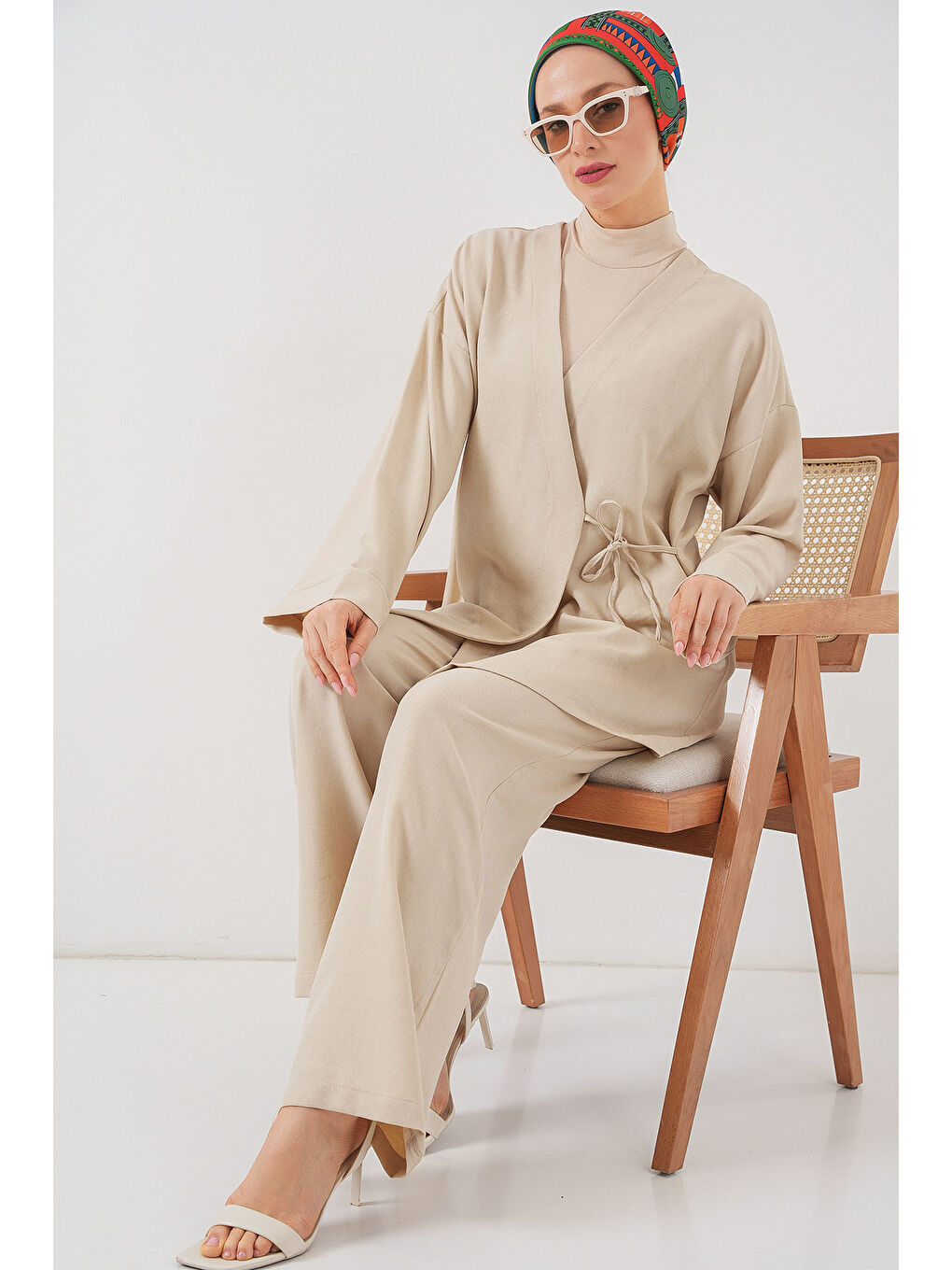 Kadın Kruvaze Yaka Kimono Alt Üst Takım 6743 - Bej-2