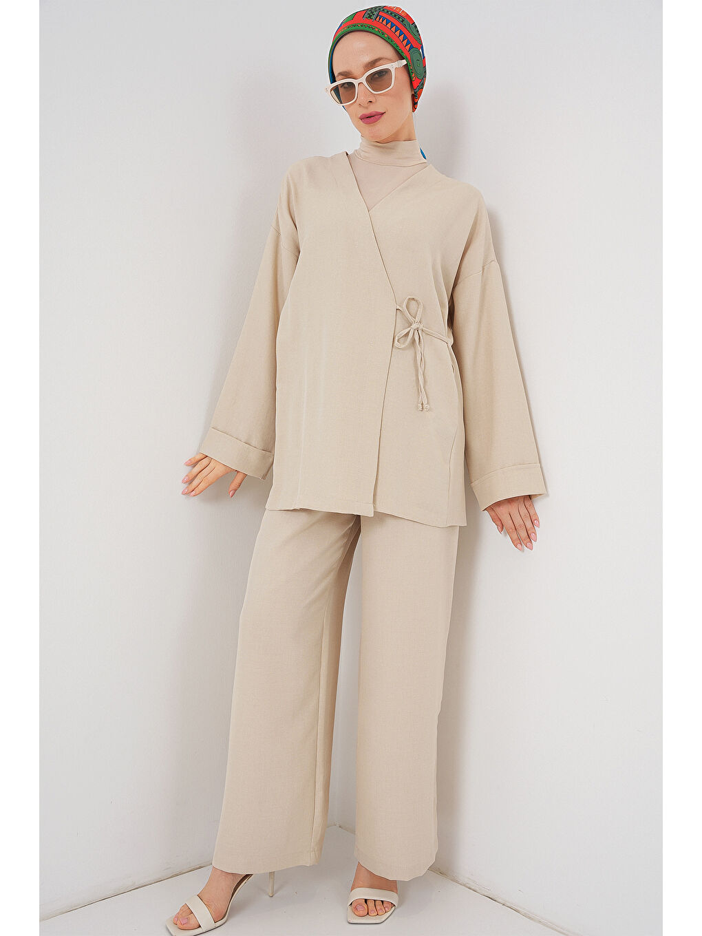 Kadın Kruvaze Yaka Kimono Alt Üst Takım 6743 - Bej-3