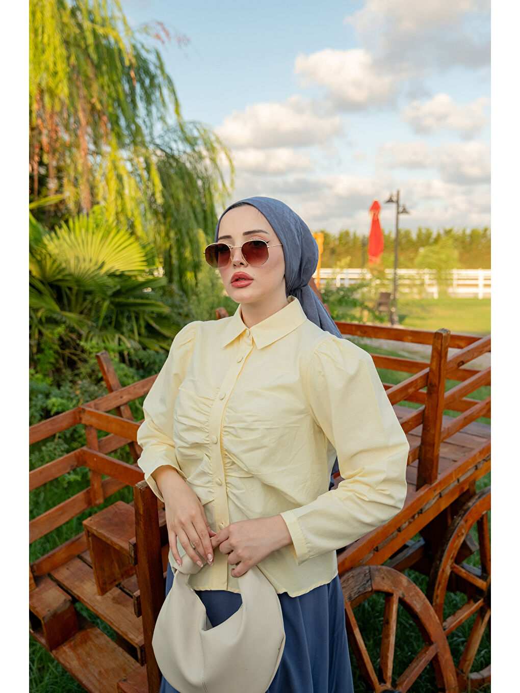 Kadın Büzgü Detay Poplin Gömlek Sarı-3