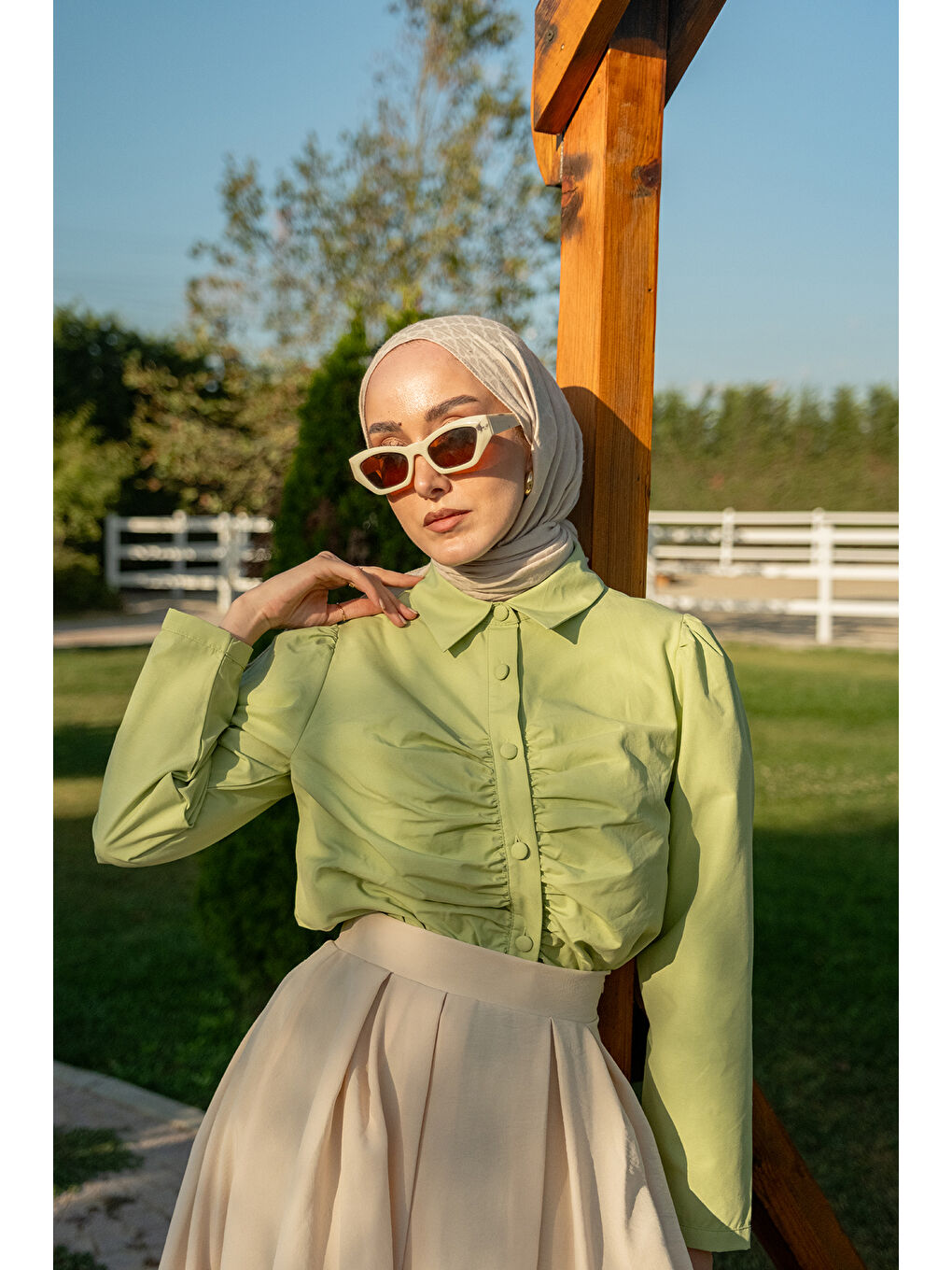 Kadın Büzgü Detay Poplin Gömlek Yeşil-1