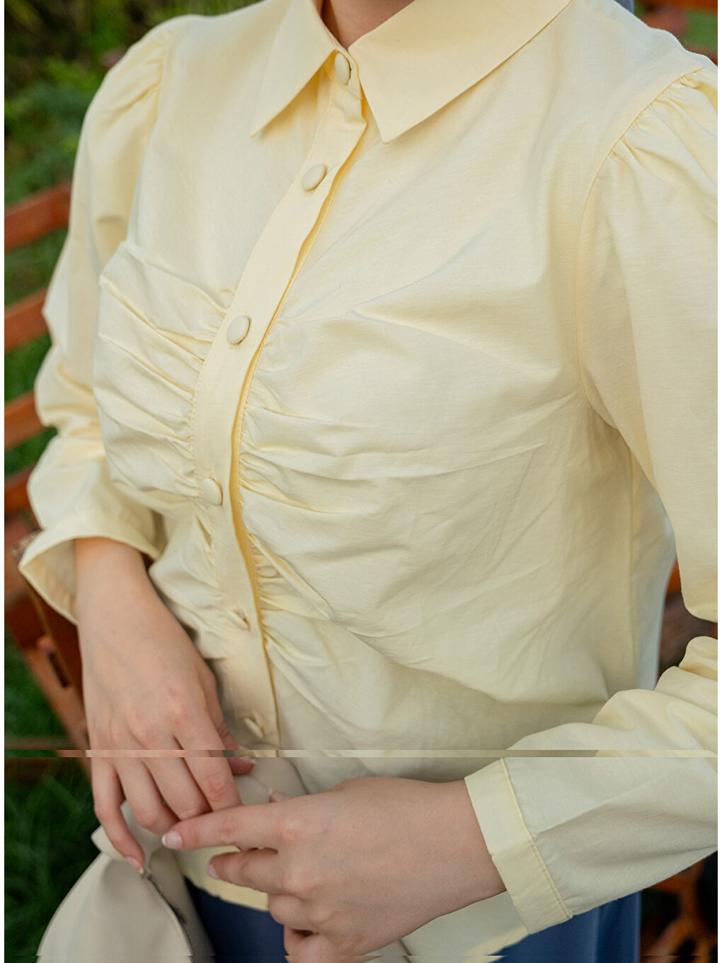 Kadın Büzgü Detay Poplin Gömlek Sarı-4