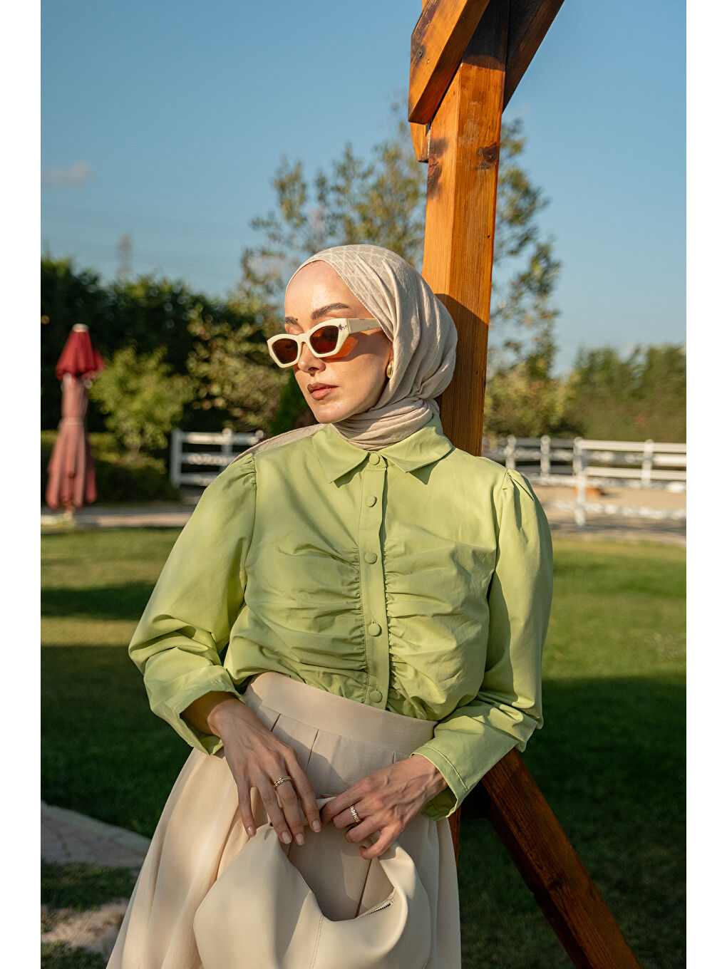 Kadın Büzgü Detay Poplin Gömlek Yeşil-2