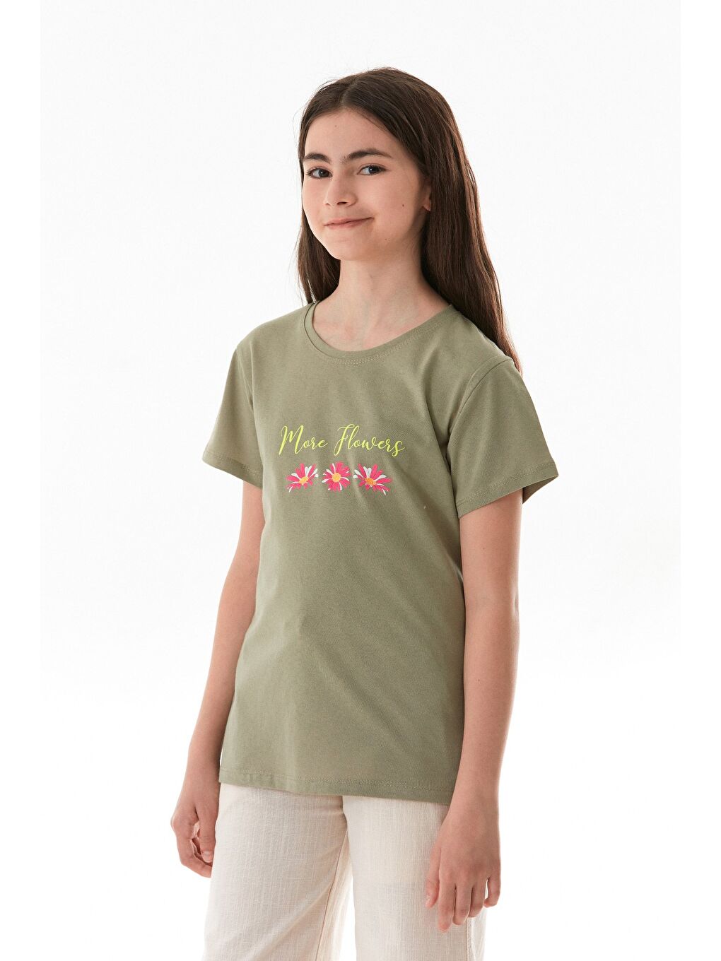 Yeşil %100 Pamuk Yazı Ve Çiçek Baskılı Bisiklet Yaka Kız Çocuk Tişört