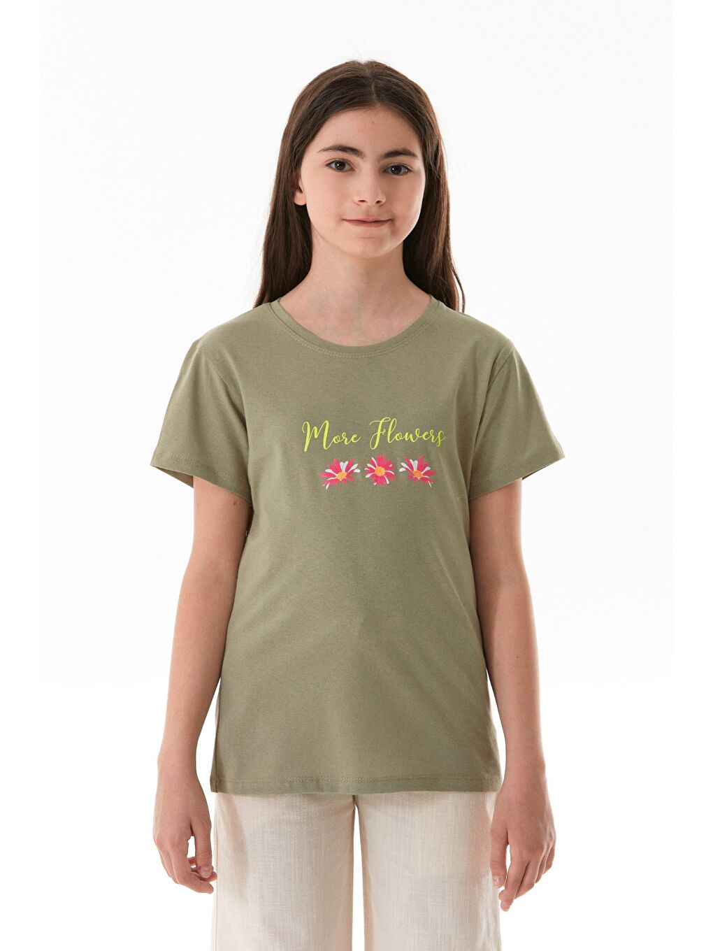 Yeşil %100 Pamuk Yazı Ve Çiçek Baskılı Bisiklet Yaka Kız Çocuk Tişört-1