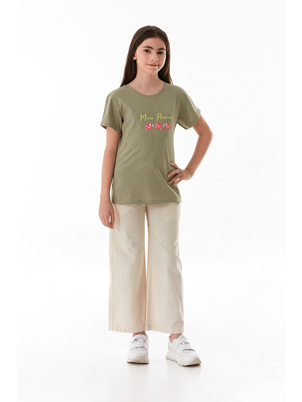 Yeşil %100 Pamuk Yazı Ve Çiçek Baskılı Bisiklet Yaka Kız Çocuk Tişört-2