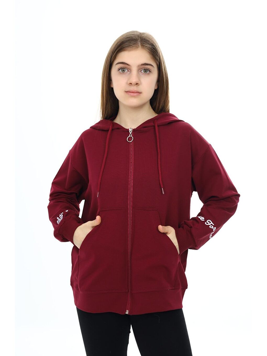 angelos Bordo Kız Çocuk Fermuarlı Kapüşonlu Sweatshirt 2 İplik 9 14 Yaş wap7123 - 1