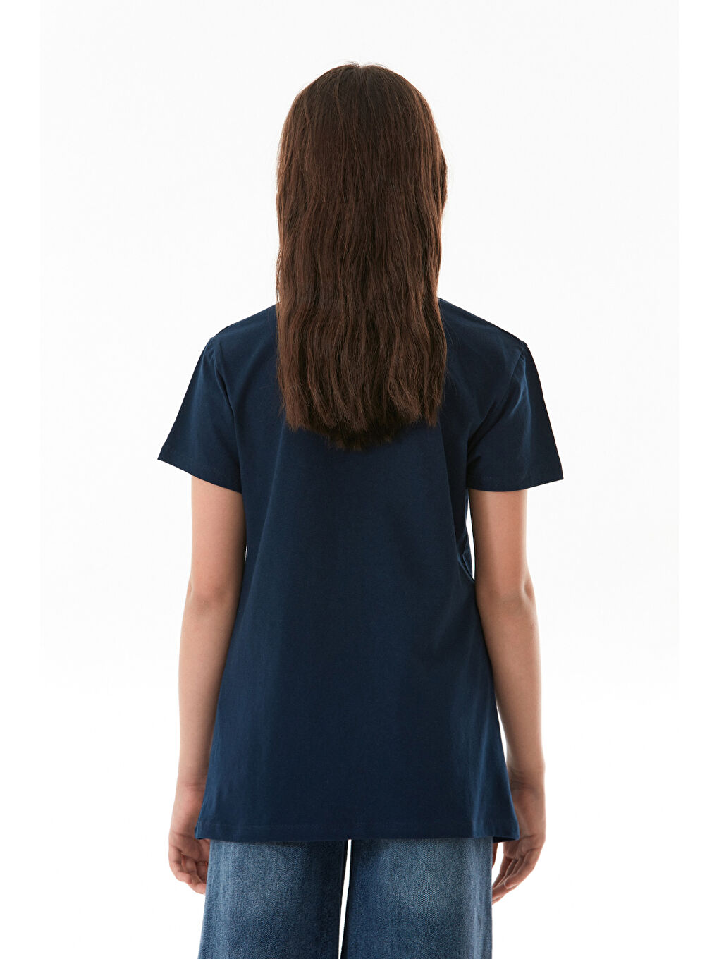 Lacivert %100 Pamuk Yazı Baskılı Bisiklet Yaka Kız Çocuk Tişört-2