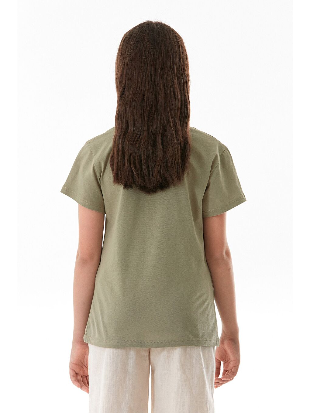 Yeşil %100 Pamuk Yazı Ve Çiçek Baskılı Bisiklet Yaka Kız Çocuk Tişört-3