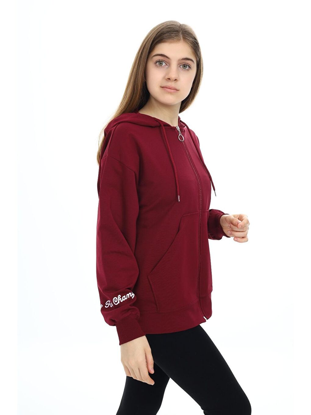 angelos Bordo Kız Çocuk Fermuarlı Kapüşonlu Sweatshirt 2 İplik 9 14 Yaş wap7123 - 2