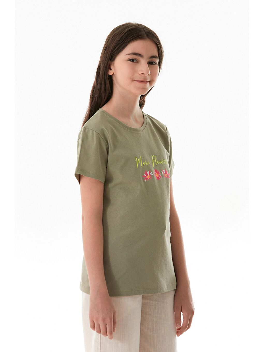 Yeşil %100 Pamuk Yazı Ve Çiçek Baskılı Bisiklet Yaka Kız Çocuk Tişört-4