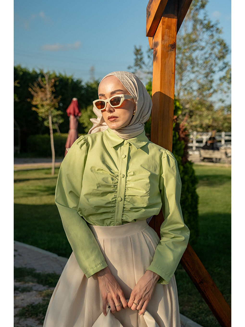 Kadın Büzgü Detay Poplin Gömlek Yeşil-4