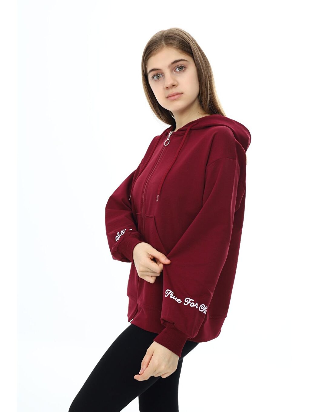 angelos Bordo Kız Çocuk Fermuarlı Kapüşonlu Sweatshirt 2 İplik 9 14 Yaş wap7123 - 3