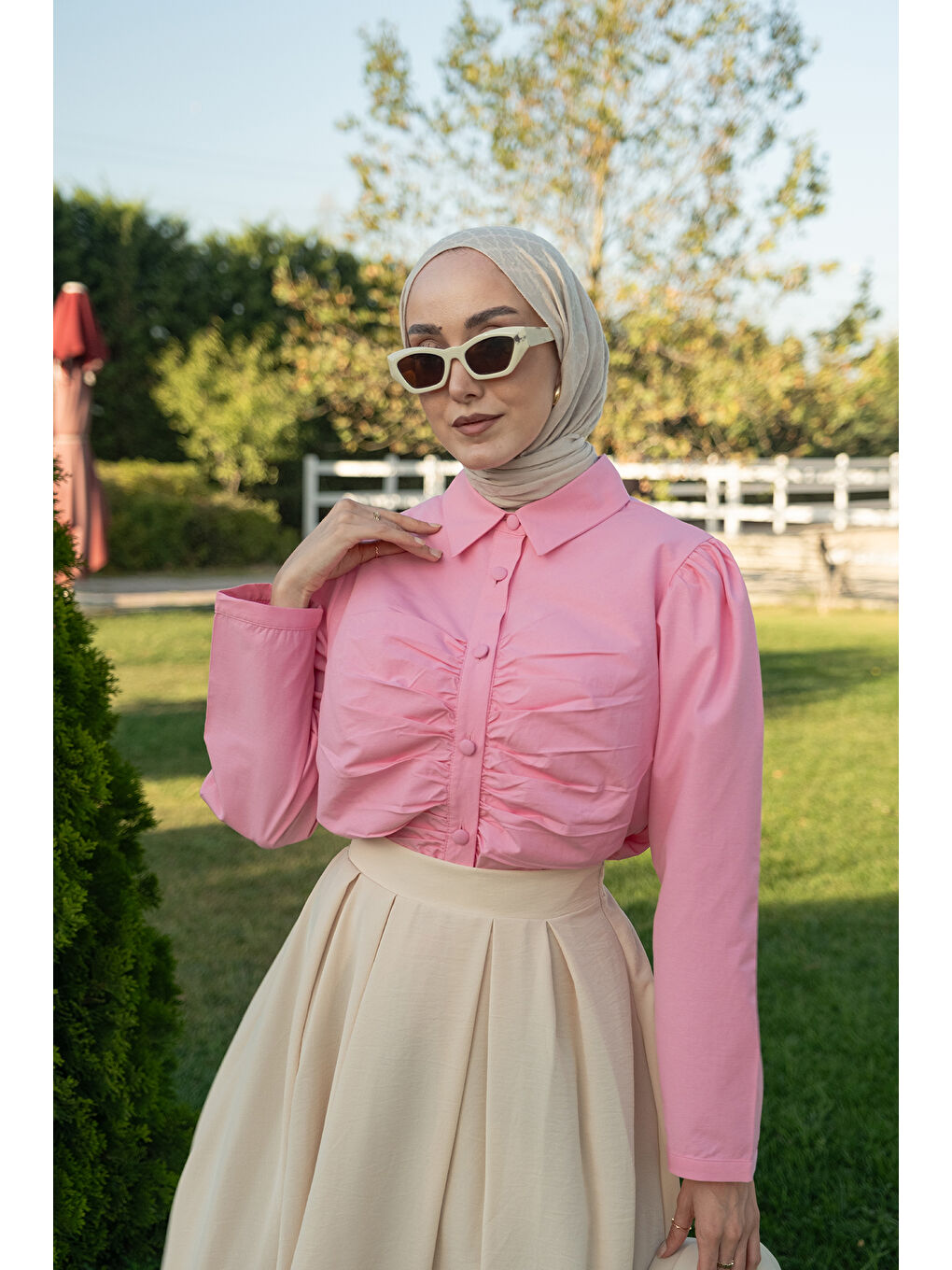 Kadın Büzgü Detay Poplin Gömlek Pembe-1