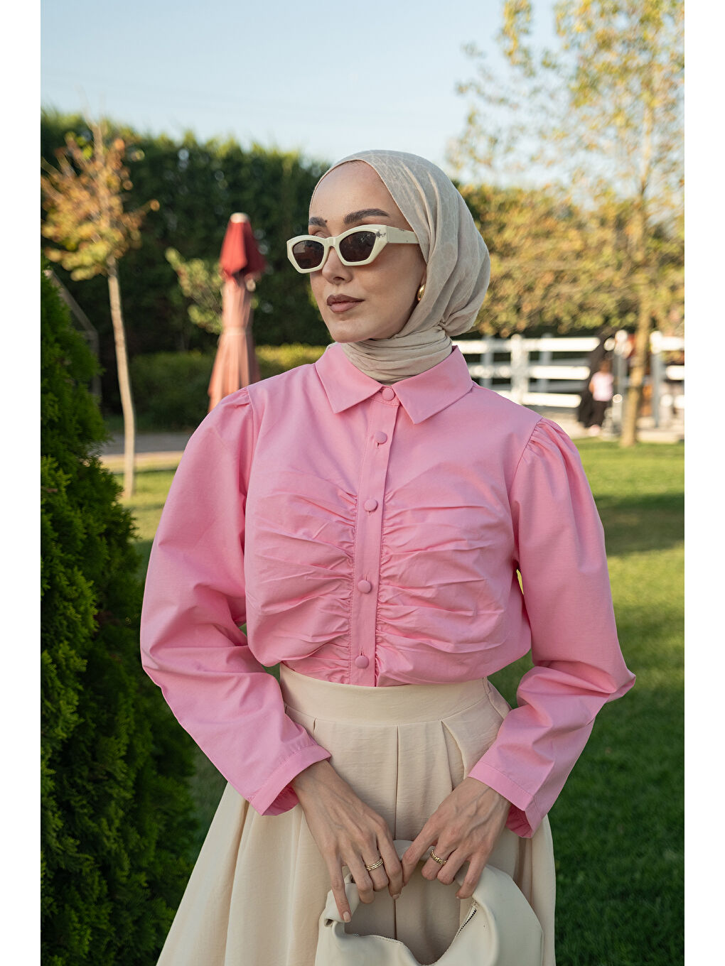 Kadın Büzgü Detay Poplin Gömlek Pembe-2