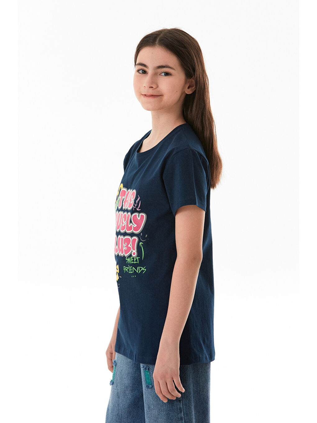 Lacivert %100 Pamuk Yazı Baskılı Bisiklet Yaka Kız Çocuk Tişört-3