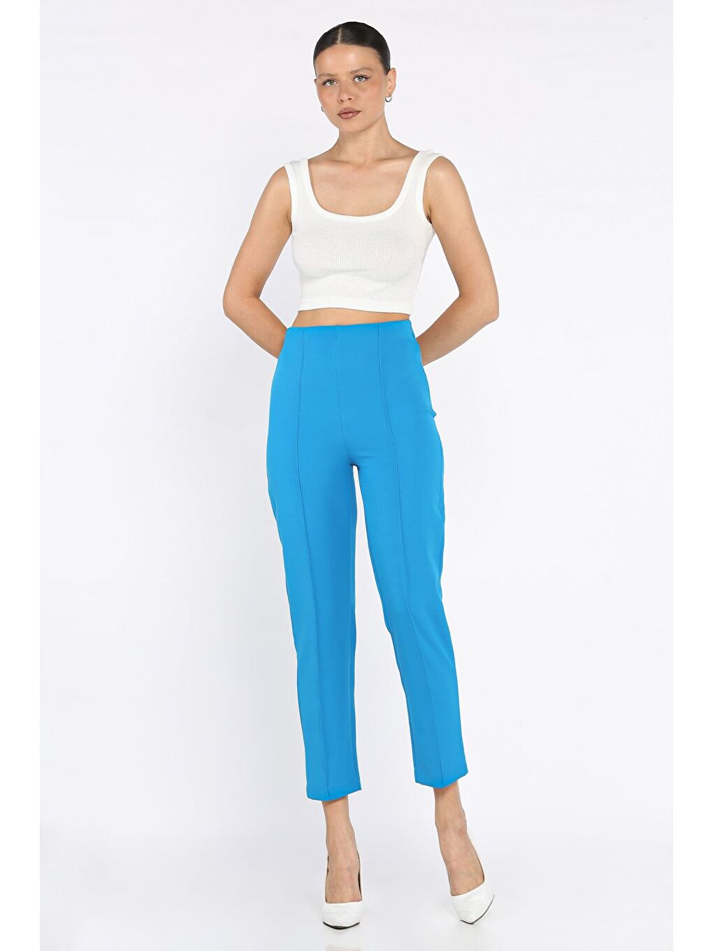 Mavi Ön Çimalı Bel Lastikli Kadın Dar Paça Pantolon-1