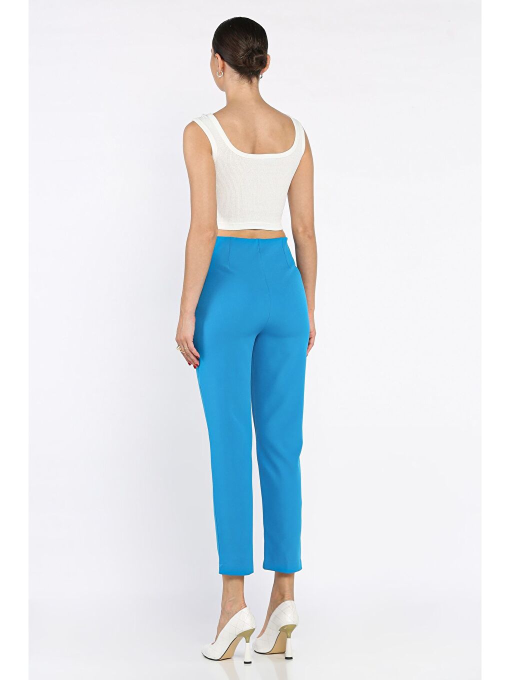 Mavi Ön Çimalı Bel Lastikli Kadın Dar Paça Pantolon-2