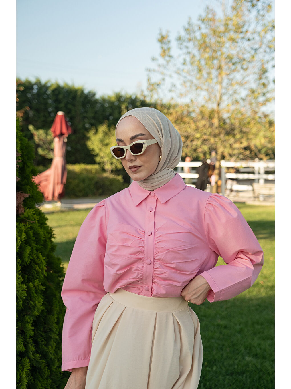 Kadın Büzgü Detay Poplin Gömlek Pembe-3