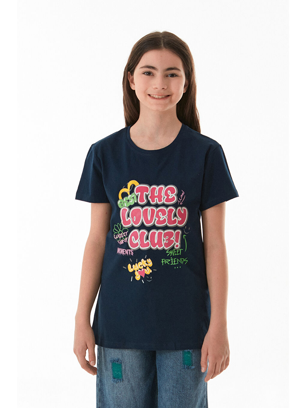 Lacivert %100 Pamuk Yazı Baskılı Bisiklet Yaka Kız Çocuk Tişört-4