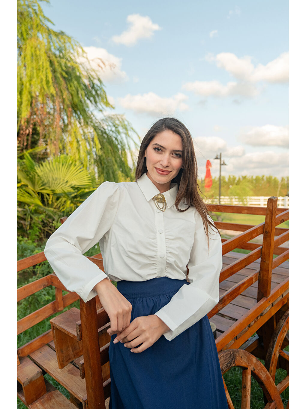 Kadın Büzgü Detay Poplin Gömlek Beyaz-1