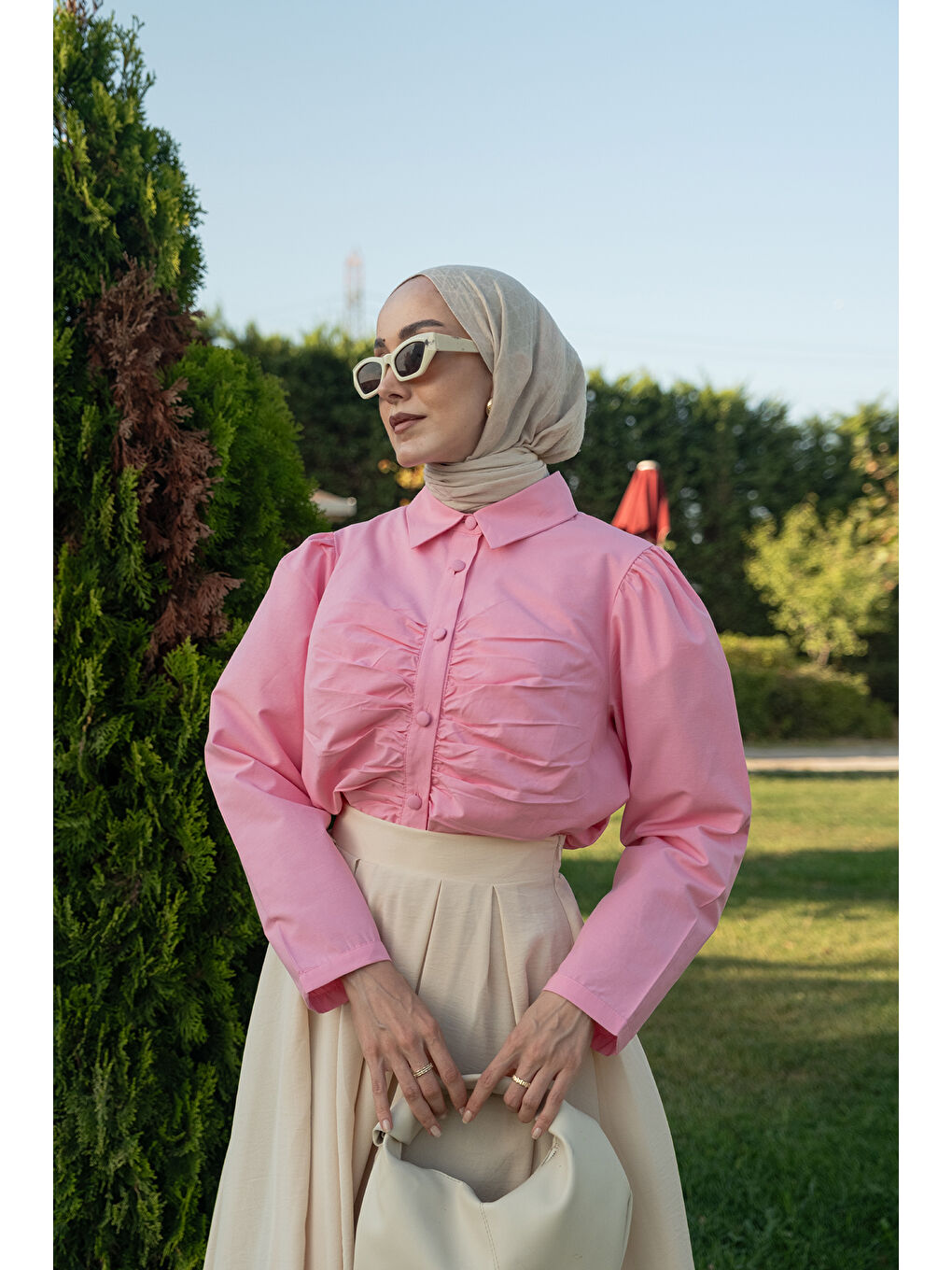 Kadın Büzgü Detay Poplin Gömlek Pembe-4