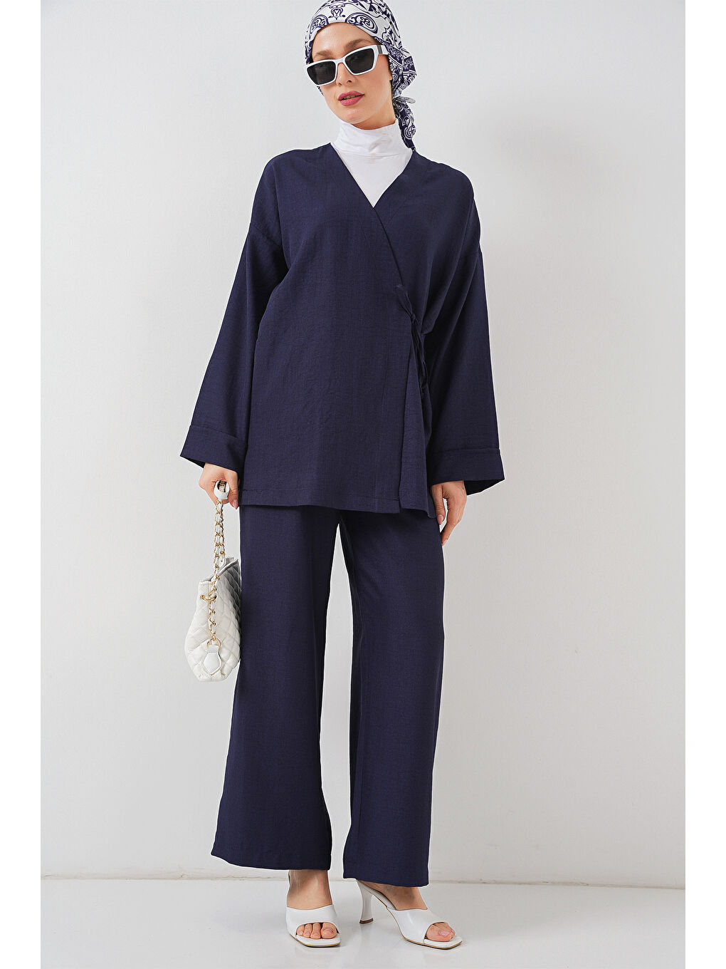 Kadın Kruvaze Yaka Kimono Alt Üst Takım 6743 - Lacivert