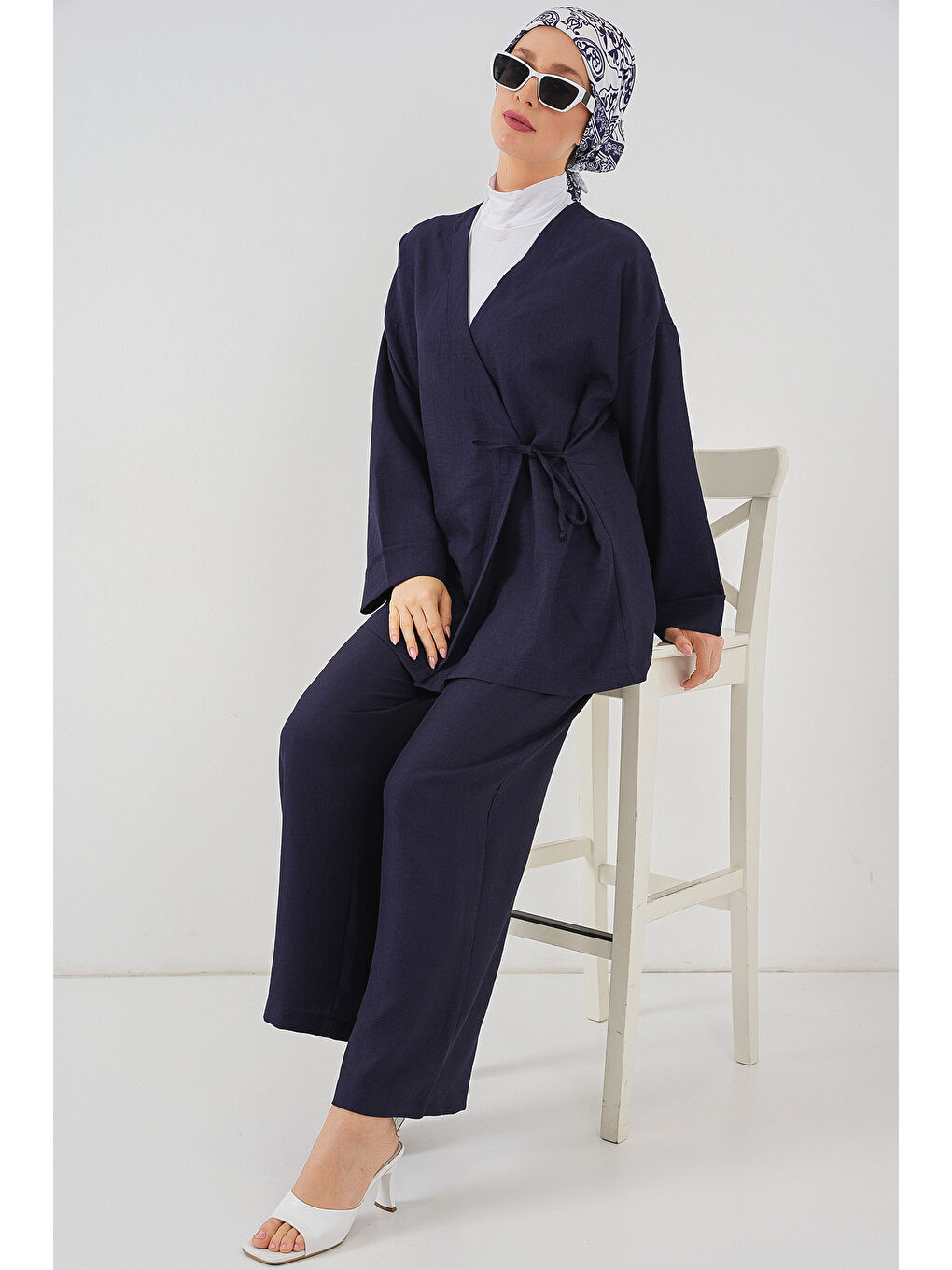 Kadın Kruvaze Yaka Kimono Alt Üst Takım 6743 - Lacivert-1